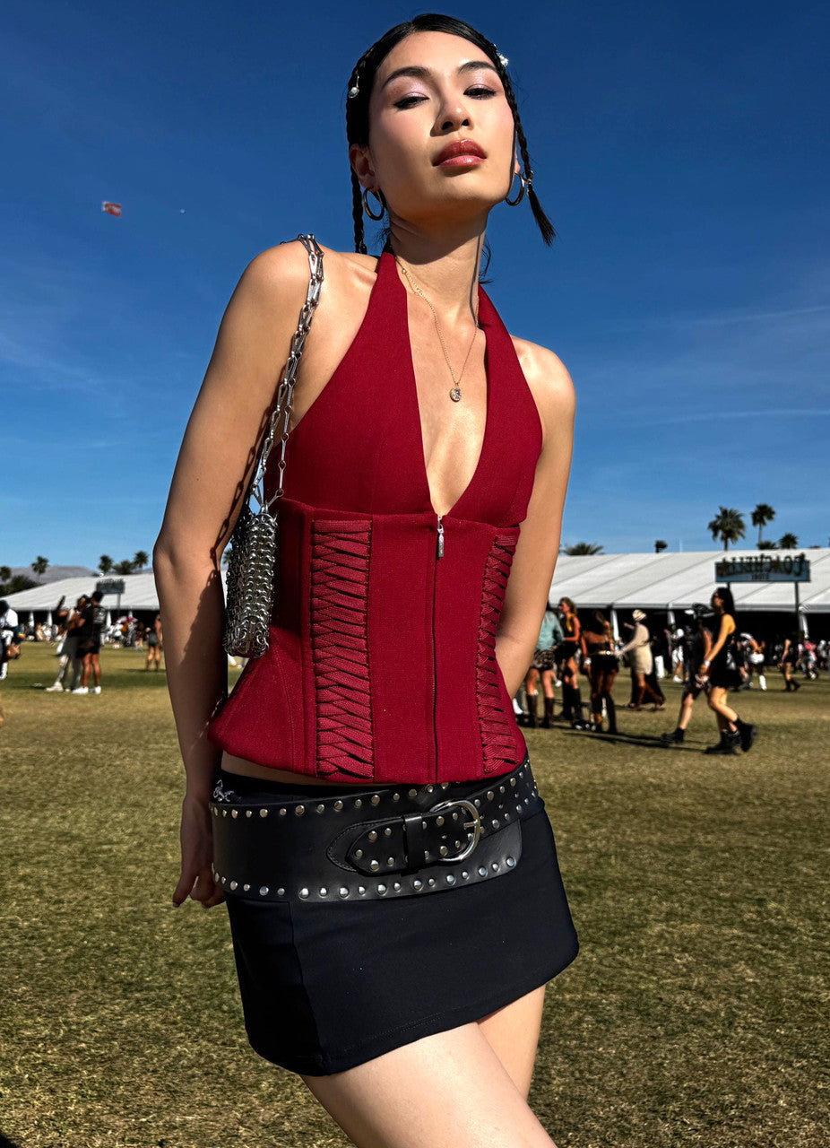 Red Halter Lace-Up Corset Top with Zip Front