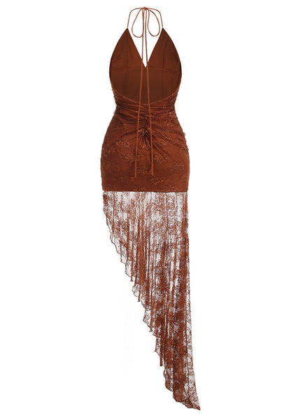 Brown Halter Ruched Asymmetric Lace Maxi Dress