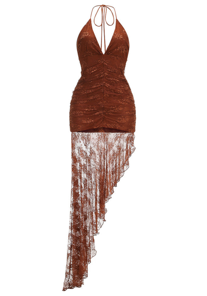 Brown Halter Ruched Asymmetric Lace Maxi Dress