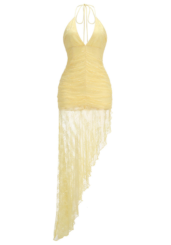 Yellow Halter Ruched Asymmetric Lace Maxi Dress