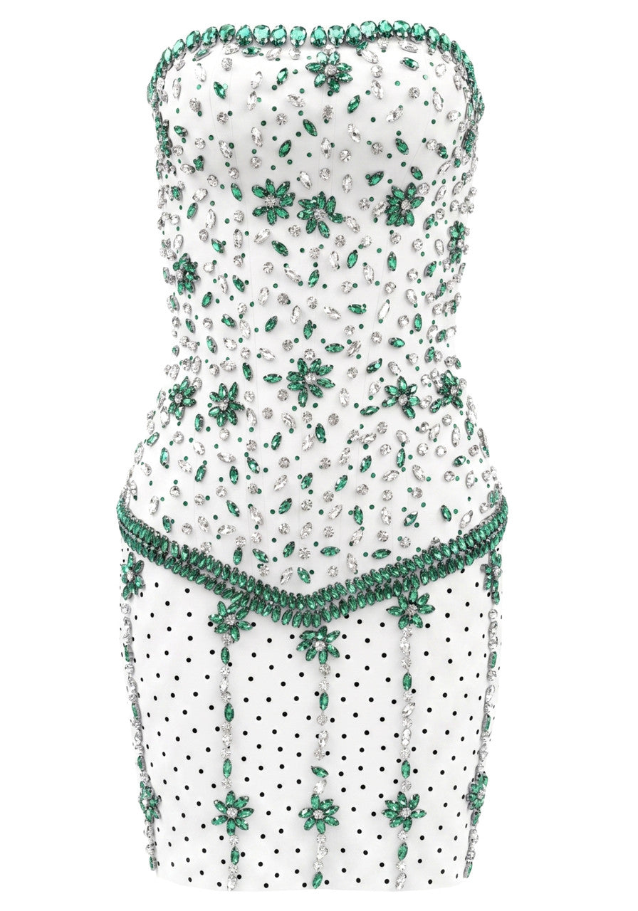 White Green Strapless Crystal Embellished Mini Dress