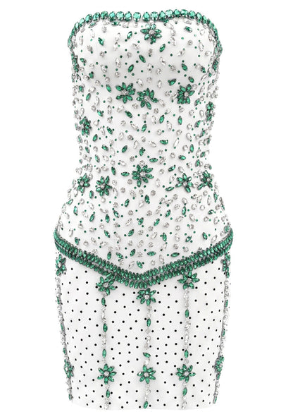 White Green Strapless Crystal Embellished Mini Dress