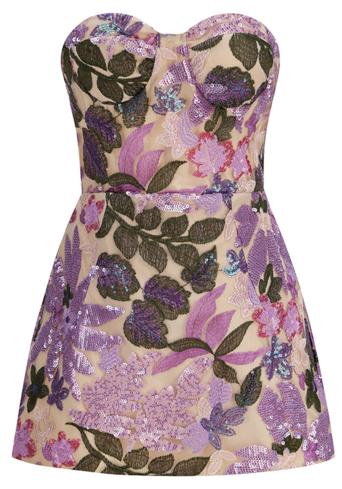 Lavender Strapless Floral Sequin Corset Mini Dress