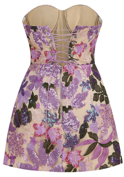 Lavender Strapless Floral Sequin Corset Mini Dress