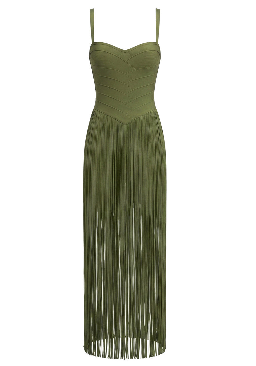 Green Sweetheart Fringe Tassel Bodycon Maxi Dress